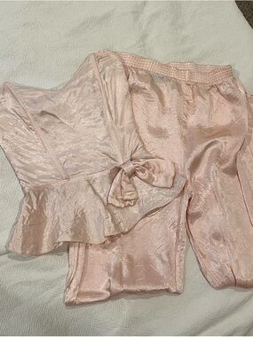 Satin Tie-Front Peplum Pajama Set in Light Pink